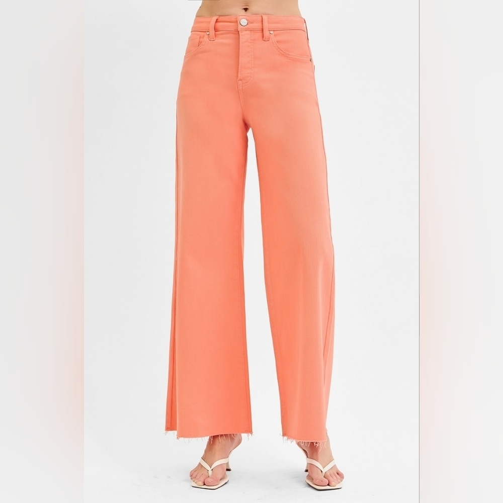 Risen High Rise Tummy Control Wide Leg Palazzo Jeans Coral Peach Various NEW - Picture 6 of 6